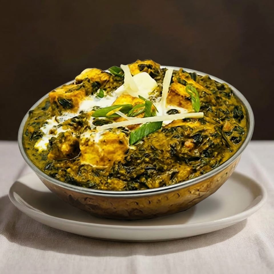 A bowl of vibrant green palak paneer, garnished with cream, ginger, and fresh herbs.