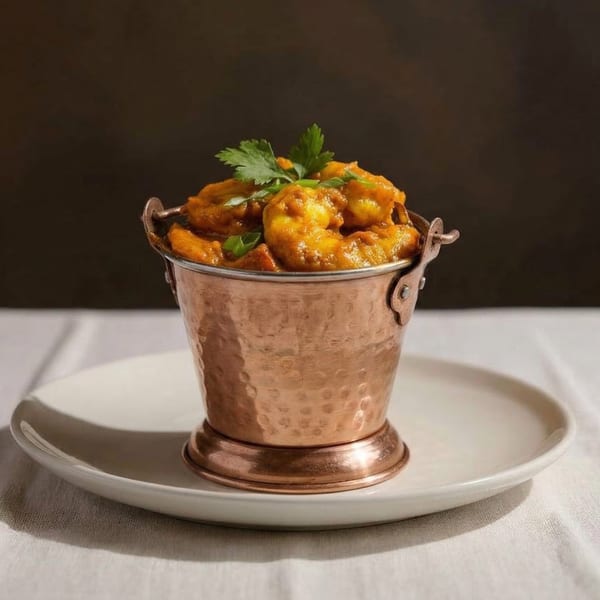 Shrimp curry in a hammered copper pot with cilantro garnish, on a white plate and tablecloth.