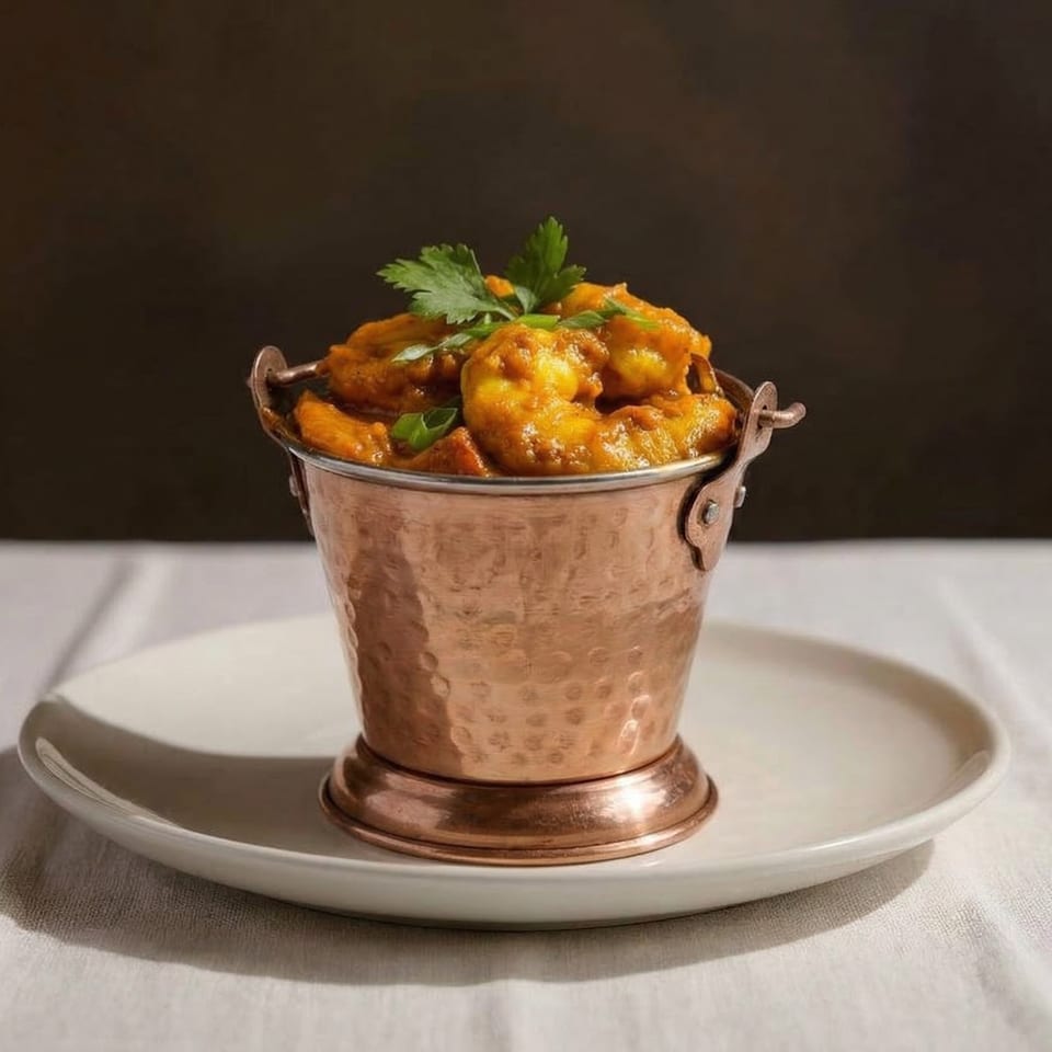 Shrimp curry in a hammered copper pot with cilantro garnish, on a white plate and tablecloth.