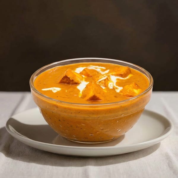 A clear bowl of paneer butter masala, garnished with cream, on a white plate and linen.