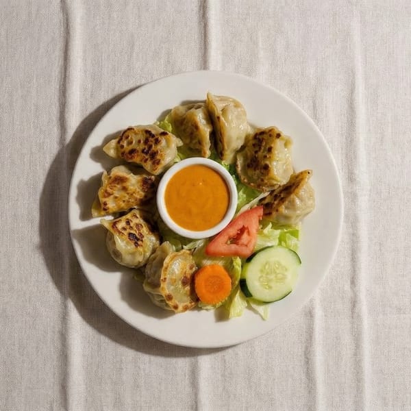 A white plate of pan-fried momos, a small bowl of orange sauce, and a side salad.
