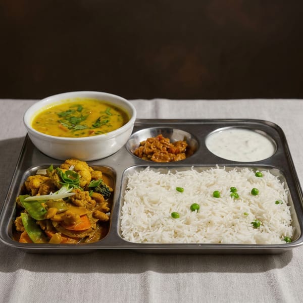 Indian thali with dal, chicken curry, rice with peas, pickle, and raita on a metal tray.