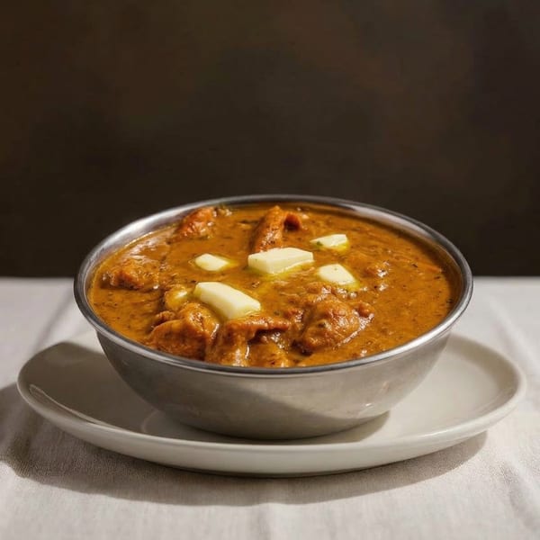 A metal bowl of rich, orange Indian curry with pats of butter, on a white plate and tablecloth.
