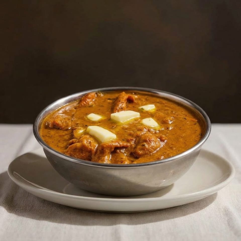 A metal bowl of rich, orange Indian curry with pats of butter, on a white plate and tablecloth.
