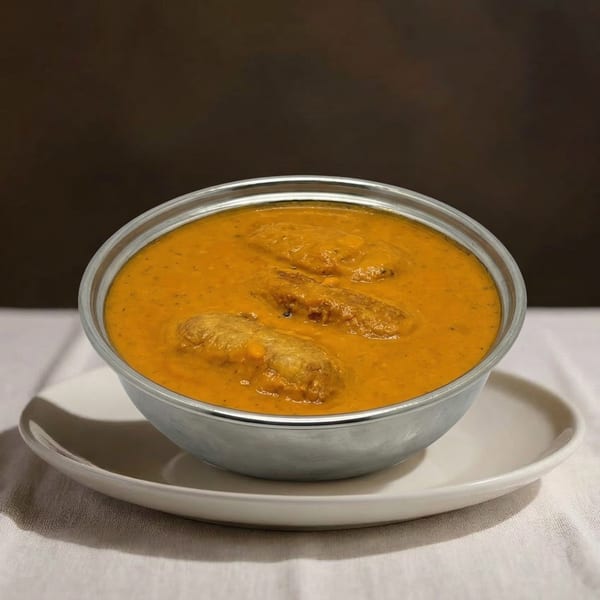 A metal bowl of orange curry with three dumplings, served on a white plate and tablecloth.