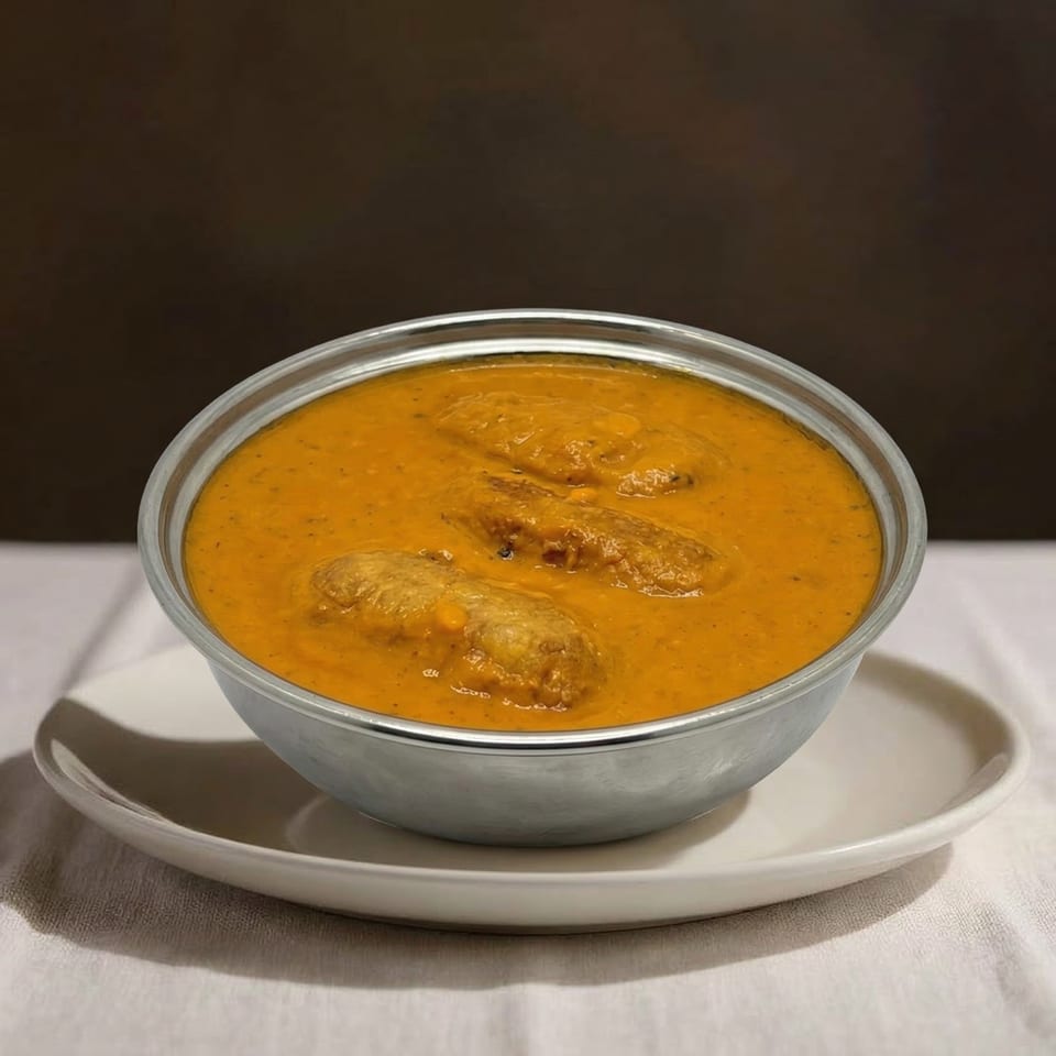 A metal bowl of orange curry with three dumplings, served on a white plate and tablecloth.