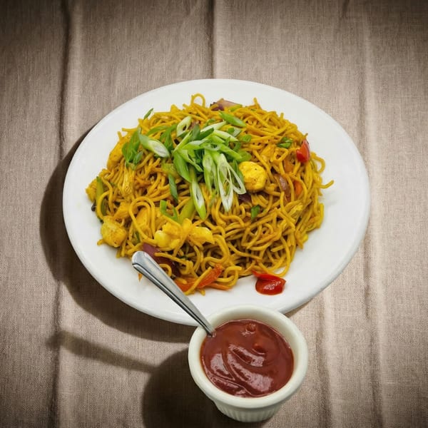 A plate of chicken chow mein with scallions and a side of ketchup on a textured tablecloth.