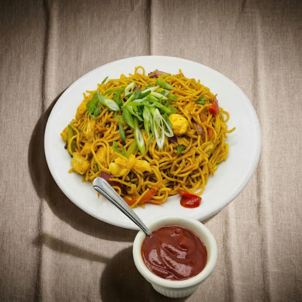 A plate of chicken chow mein with scallions and a side of ketchup on a textured tablecloth.