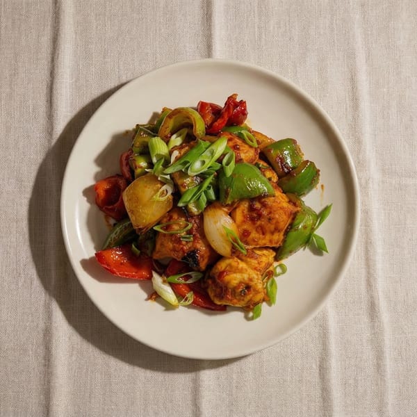 A white plate holds chicken stir-fry with red and green bell peppers, onions, and scallions.