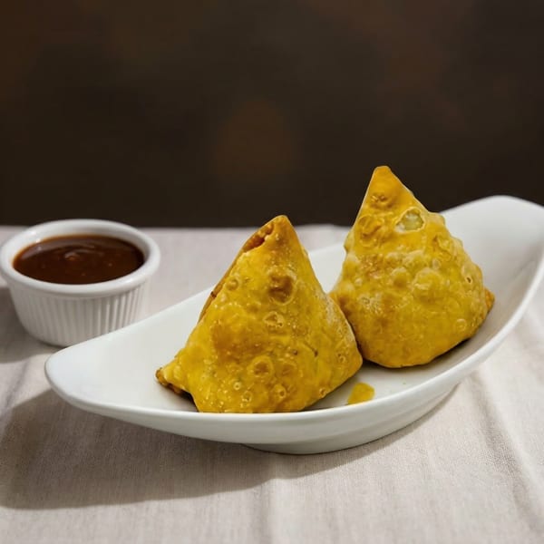 Two golden-brown samosas on a white dish with a small bowl of dark sauce beside them.