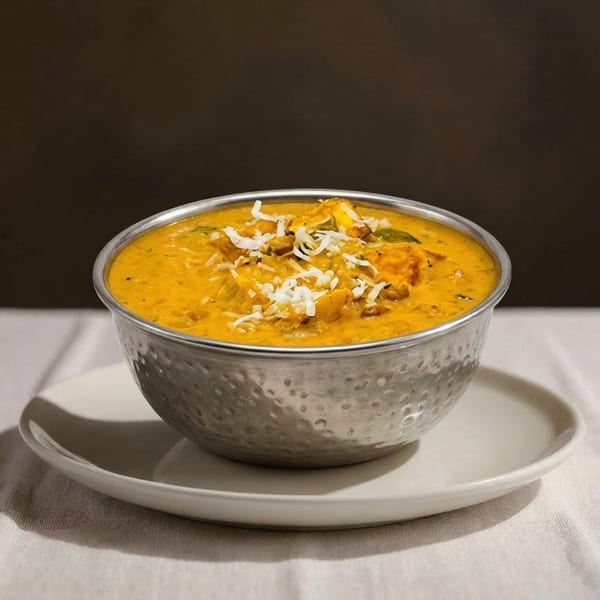 A hammered metal bowl filled with creamy yellow curry, topped with shredded coconut, on a white plate.