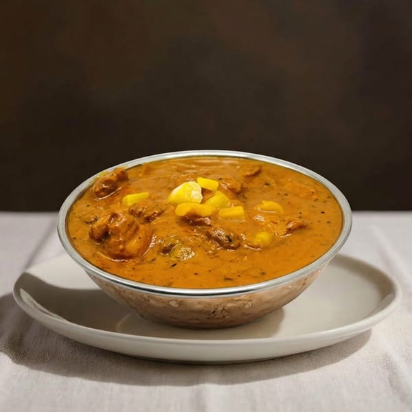 A metal bowl of orange curry with chicken and pineapple chunks, on a white plate and tablecloth.