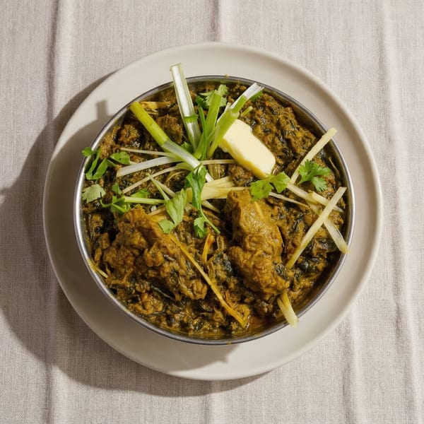Overhead view of a metal bowl filled with green saag chicken, garnished with ginger, cilantro, and butter.