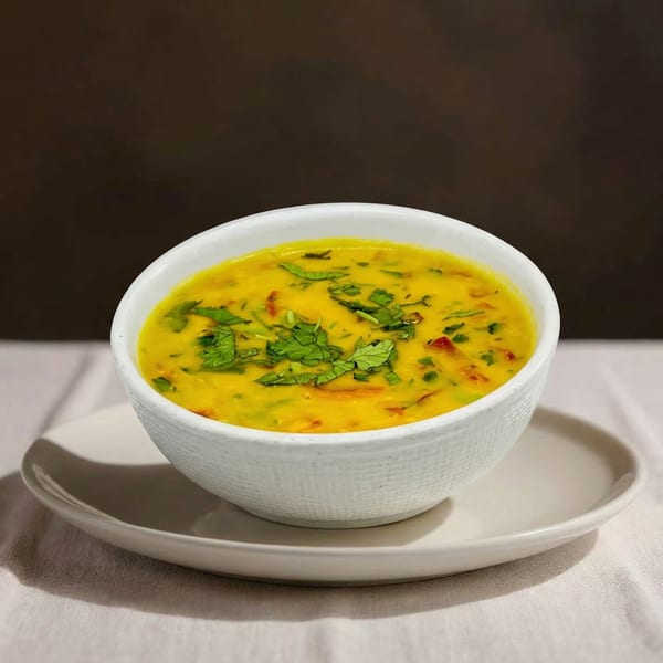 A white bowl of vibrant yellow lentil soup, garnished with fresh green herbs, sits on a light plate.