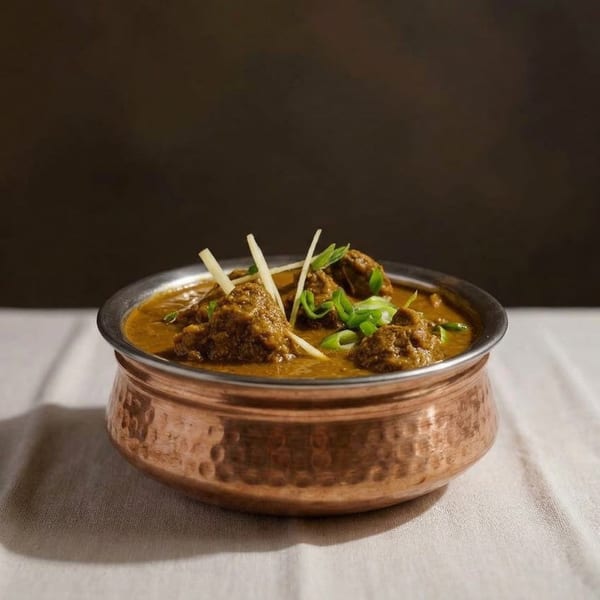 A hammered copper bowl filled with rich brown curry, garnished with ginger strips and green onions.
