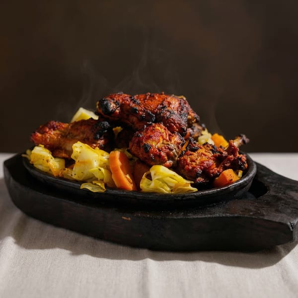 Steaming hot tandoori chicken with charred skin, served on a sizzling platter with cabbage and carrots.