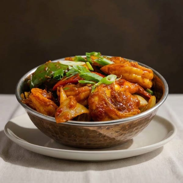 A metal bowl filled with chili paneer, garnished with green onions, on a white plate.