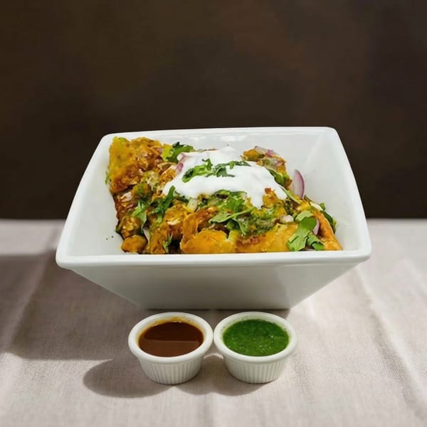 A bowl of Indian chaat topped with yogurt, cilantro, and red onions, with two chutneys.