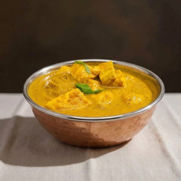 Golden chicken curry with green garnish in a copper bowl on a white tablecloth.