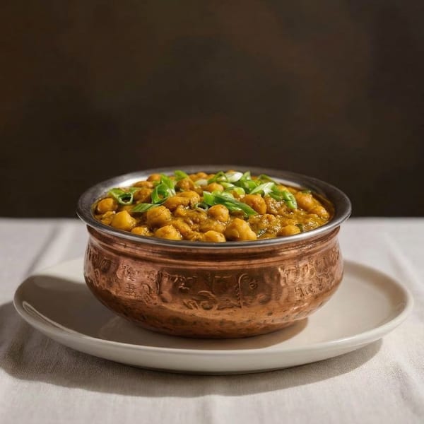 A copper bowl filled with chana masala, garnished with green onions, on a white plate.