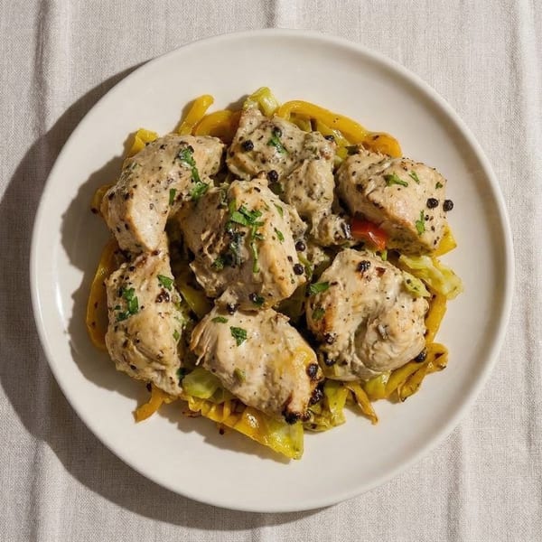 Creamy chicken pieces with black peppercorns and herbs, served over yellow bell peppers on a white plate.