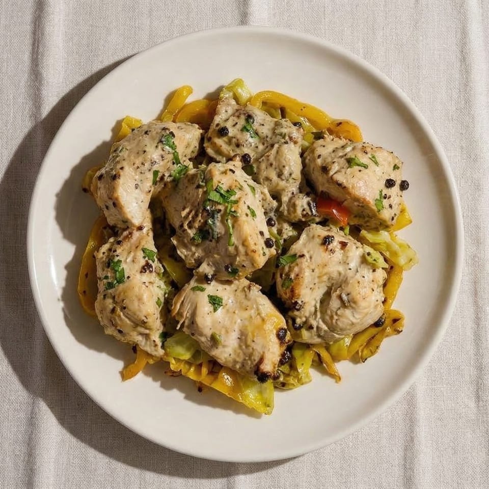 Creamy chicken pieces with black peppercorns and herbs, served over yellow bell peppers on a white plate.