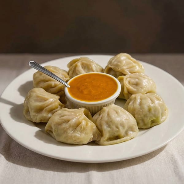 A white plate of eight steamed momos arranged around a small bowl of orange dipping sauce.