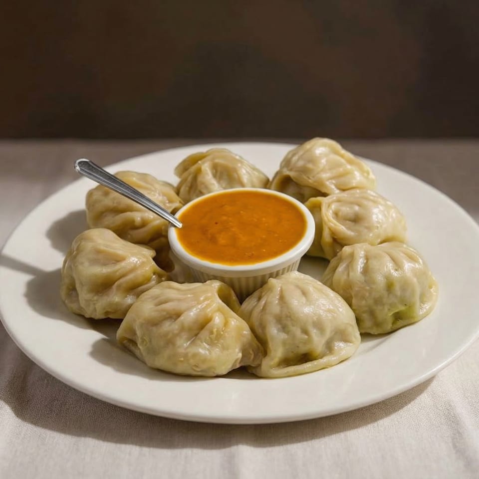 A white plate of eight steamed momos arranged around a small bowl of orange dipping sauce.